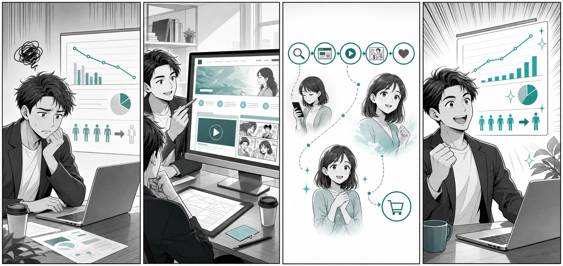 LP改善の流れを表す4コマ漫画